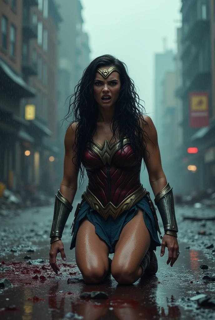 Wonder Woman kneeling, screaming in exhaustion after a battle in a dark, apocalyptic, rain-soaked city, her hair and body wet, blood around her. Strong and bloody imagery.