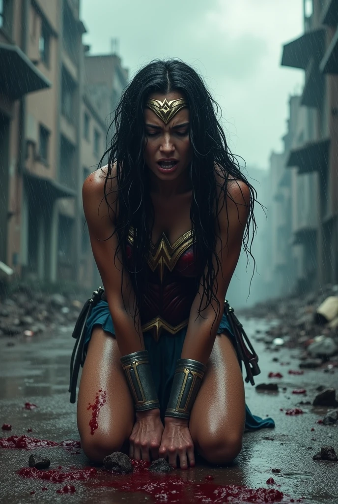 Wonder Woman kneeling, screaming in exhaustion after a battle in a dark, apocalyptic, rain-soaked city, her hair and body wet, blood around her. Strong and bloody imagery. 