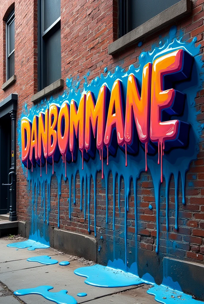 New York style urban graffiti saying (DANBOMMANE) with a melted liquid effect, 2D graffiti, blue paint particles stains.