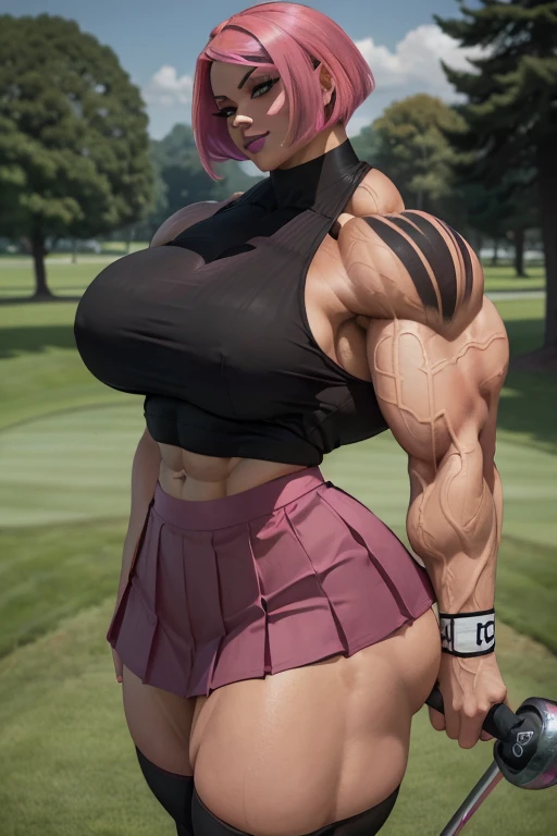 (((Close-up))), tall, (shocking pink hair) beautiful muscular woman, angled bob cut, brown skinned, large breast, closed smile, (black lipstick), (massive muscles), (hyper muscle), ((ginormous bulky muscles)), red eyes, (((pink golf top))), (((long black pleated skirt))), (thigh high socks), choker, sneakers, in a golf course, 