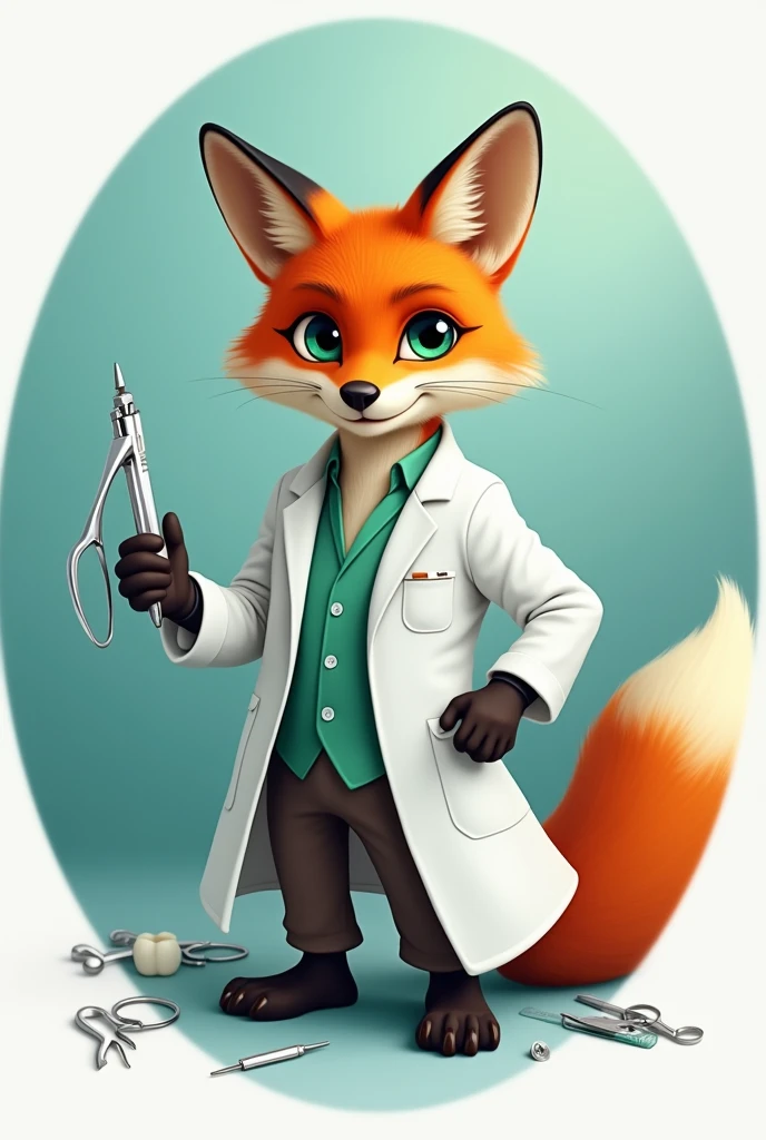 Create an image of a humanized fox dressed in a lab coat showing half of the body holding a pair of dental pliers in one hand and an anesthetic syringe in the other inside a circle
