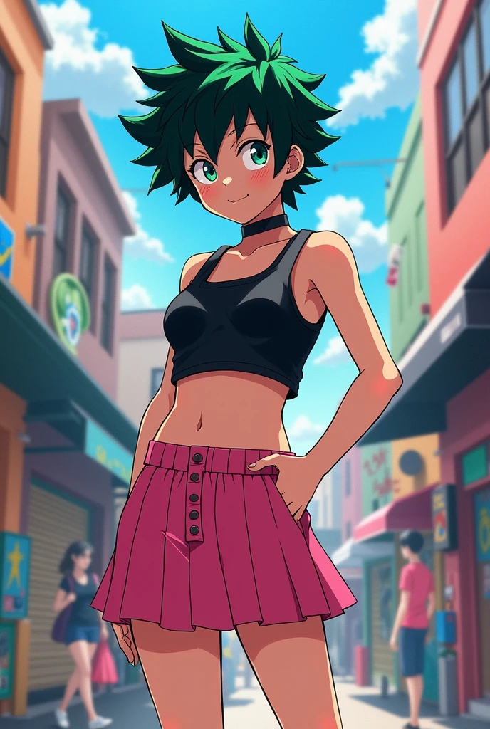 Deku my hero academia wearing a pink short skirt and black crop top, sticking her ass out to the side showing pink panties