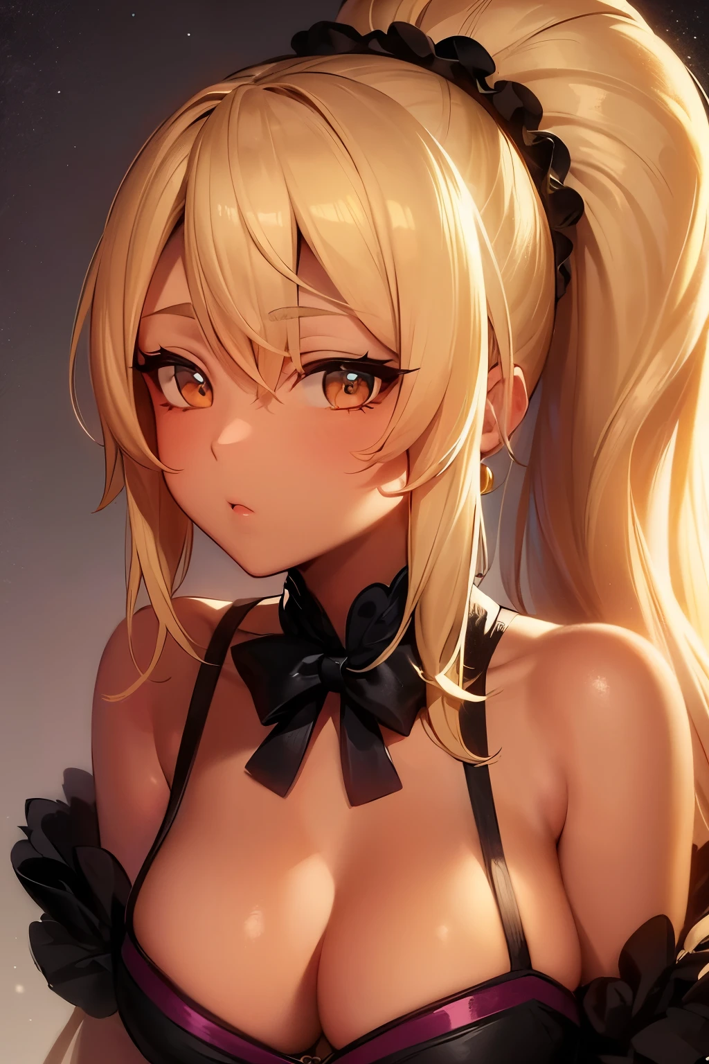 Beautiful blonde girl with high ponytail. It has a passionate and mature atmosphere. Esmeralda gypsy costume. Ribbon scrunchie. Draw the character in front. It has a s*xy and cool atmosphere. Attractive brown skin. face Portrait. gypcy girl. lightly tanned skin. face portrait. look like a grown-up.