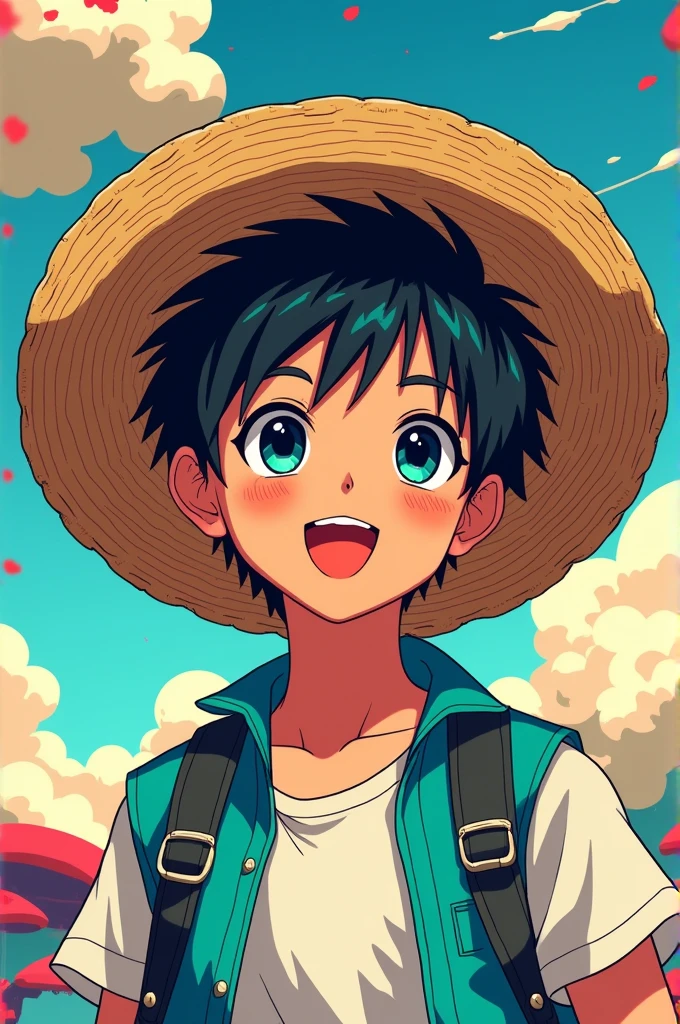 Image homme chapeau de paille style animé manga cercle Contour blanc couleur rouge et turquoise arrière plan