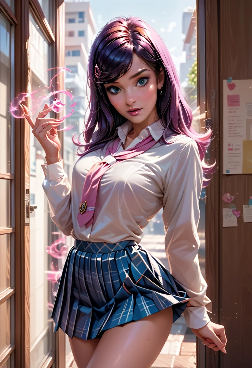 a woman in a pink plaid skirt and white shirt posing, dressed as schoolgirl, hyperrealistic schoolgirl, cute schoolgirl, realistic schoolgirl, betty cooper, school girl, a hyperrealistic schoolgirl, magic school uniform, of a schoolgirl posing, school uniform, magical school student uniform, cyber school girl, teenage female schoolgirl, wearing school uniform