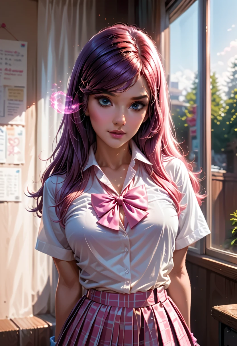 a woman in a pink plaid skirt and white shirt posing, dressed as schoolgirl, hyperrealistic schoolgirl, cute schoolgirl, realistic schoolgirl, betty cooper, school girl, a hyperrealistic schoolgirl, magic school uniform, of a schoolgirl posing, school uniform, magical school student uniform, cyber school girl, teenage female schoolgirl, wearing school uniform