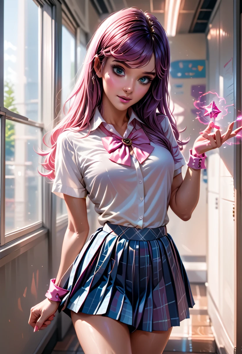 a woman in a pink plaid skirt and white shirt posing, dressed as schoolgirl, hyperrealistic schoolgirl, cute schoolgirl, realistic schoolgirl, betty cooper, school girl, a hyperrealistic schoolgirl, magic school uniform, of a schoolgirl posing, school uniform, magical school student uniform, cyber school girl, teenage female schoolgirl, wearing school uniform