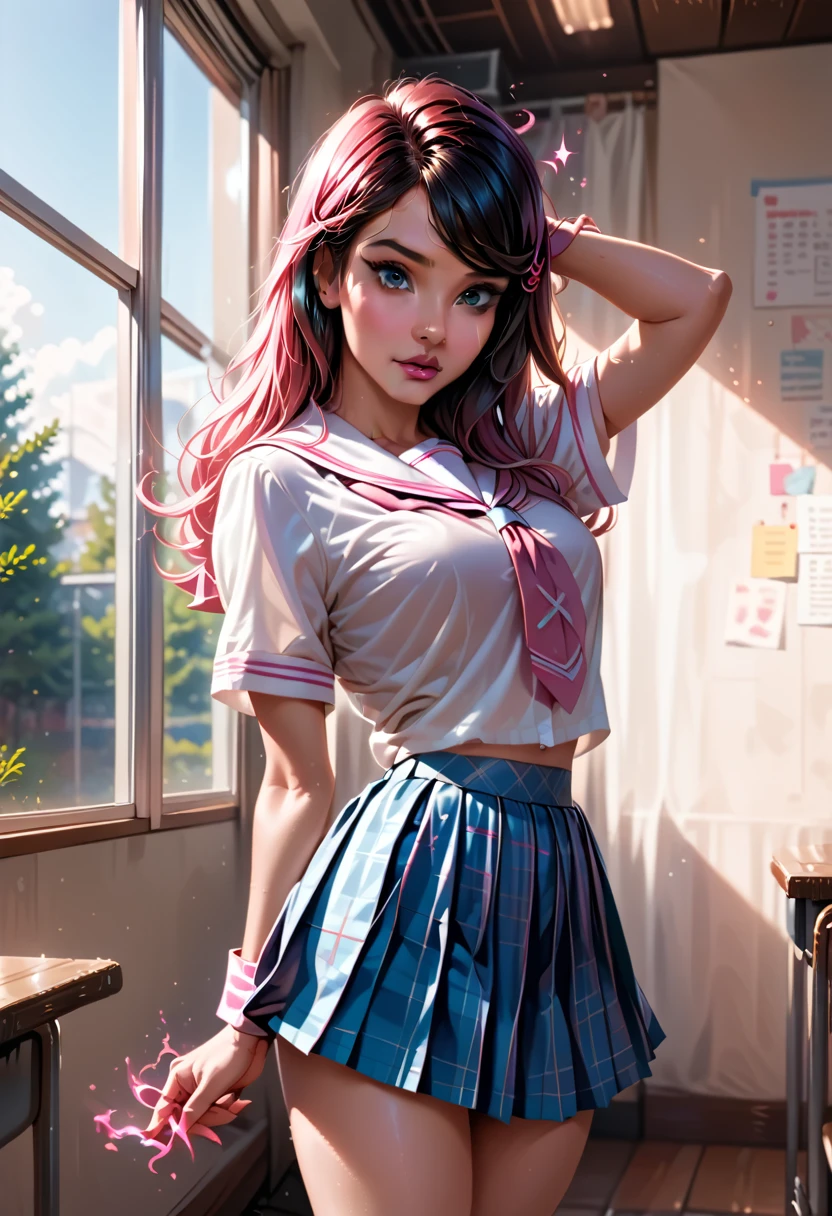 a woman in a pink plaid skirt and white shirt posing, dressed as schoolgirl, hyperrealistic schoolgirl, cute schoolgirl, realistic schoolgirl, betty cooper, school girl, a hyperrealistic schoolgirl, magic school uniform, of a schoolgirl posing, school uniform, magical school student uniform, cyber school girl, teenage female schoolgirl, wearing school uniform