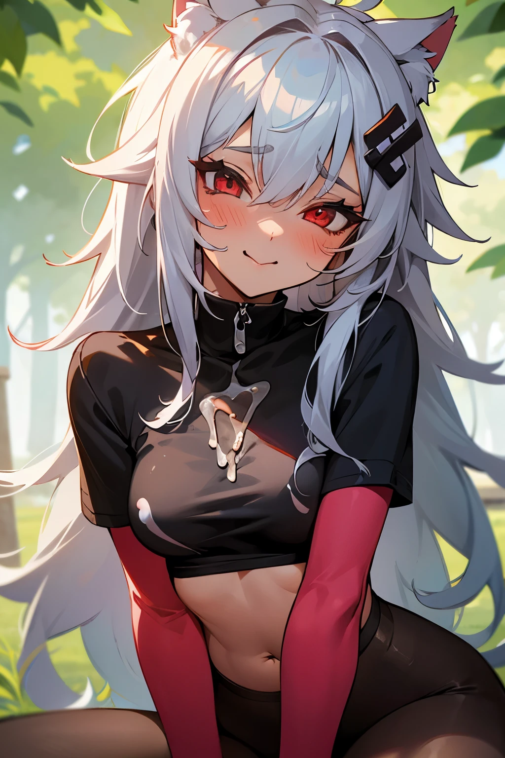 1girl, 1boy, hand on crotch, casual clothes, hair ornament, ripped pantyhose, no pants, silver hair, red eyes, catgirl, glowing eyes, teasing, sexy, cute, blushing, messy hair, long hair, cowgirl position, girl on top, small penis, sex, female orgasm, ahegao, tounge out, cowgirl position, cum, in the middle of nature, sex, cum, cum on upper body, cum on face, cum on boobs, sex, cum, pov sex