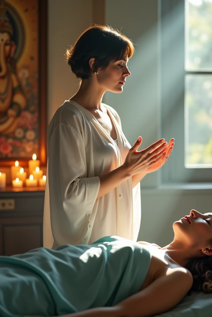 A woman dressed in white clothes, with short hair, standing with her hands spread out on her forehead, not touching a woman lying on a stretcher with her eyes closed, covered to the bust with a blue sheet, apparently calm, in a lit environment with beams of light entering through the window., The environment has candles, incense and a painting with the 7 chakras of Ganesha