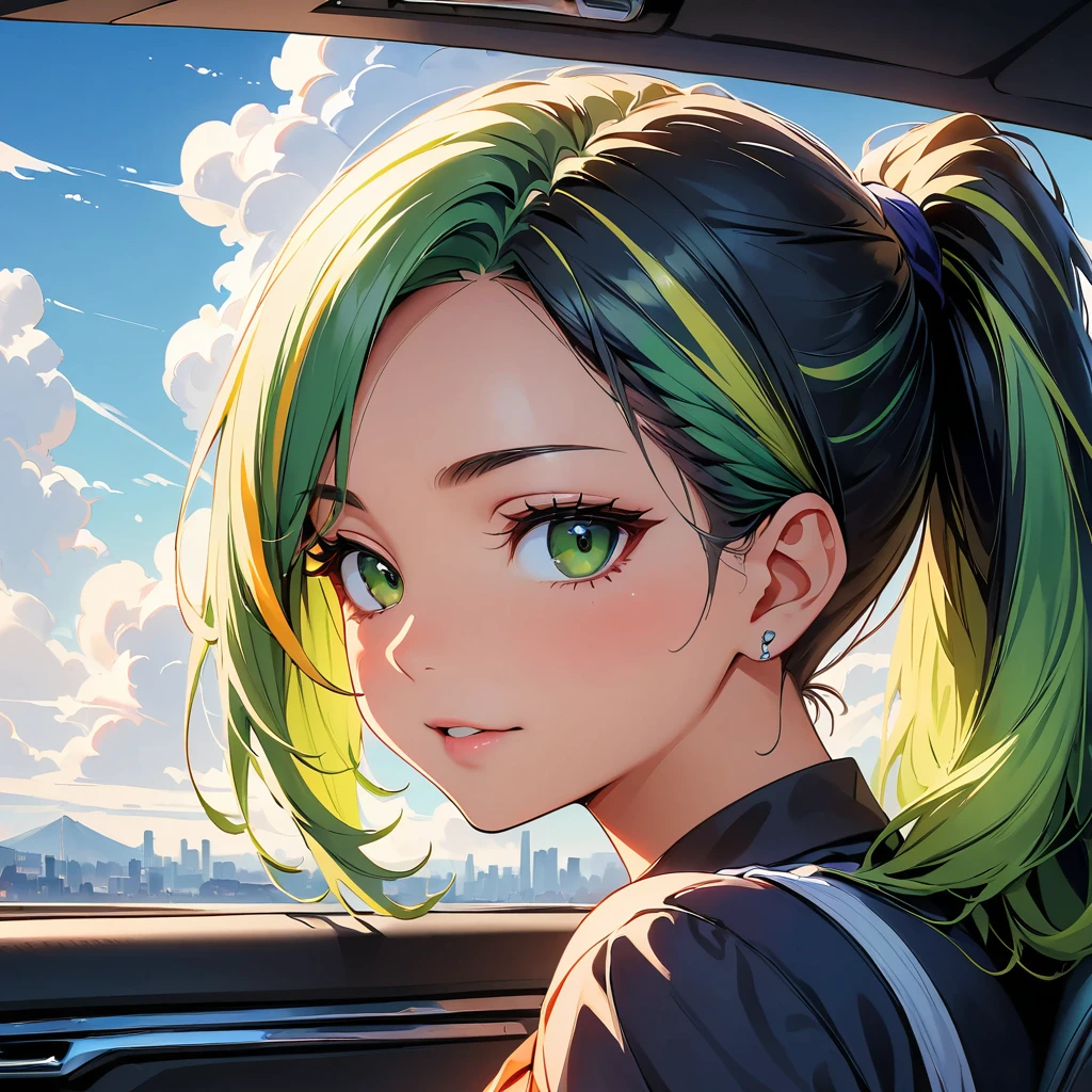(highest quality:1.2, Very detailed, up to date, Vibrant, Ultra-high resolution, High Contrast, masterpiece:1.2, highest quality, Best aesthetics), Portraiture、girl、((25 years old:1.8)), (slim:1.2),Bright colors、Beautiful fine details、Beautiful lip detail、long hair, (ponytail:1.3), white and yellow green ((streaked hair:1.6)), highlights hair: 1.5, (small breast,:1) (tan skin:1.2), ((drive a car:1), sitting in the driver's seat), convertible car, blue sky and white cloud, black t-shirt, jeans shorts, super wide angle, looking ahead, side view