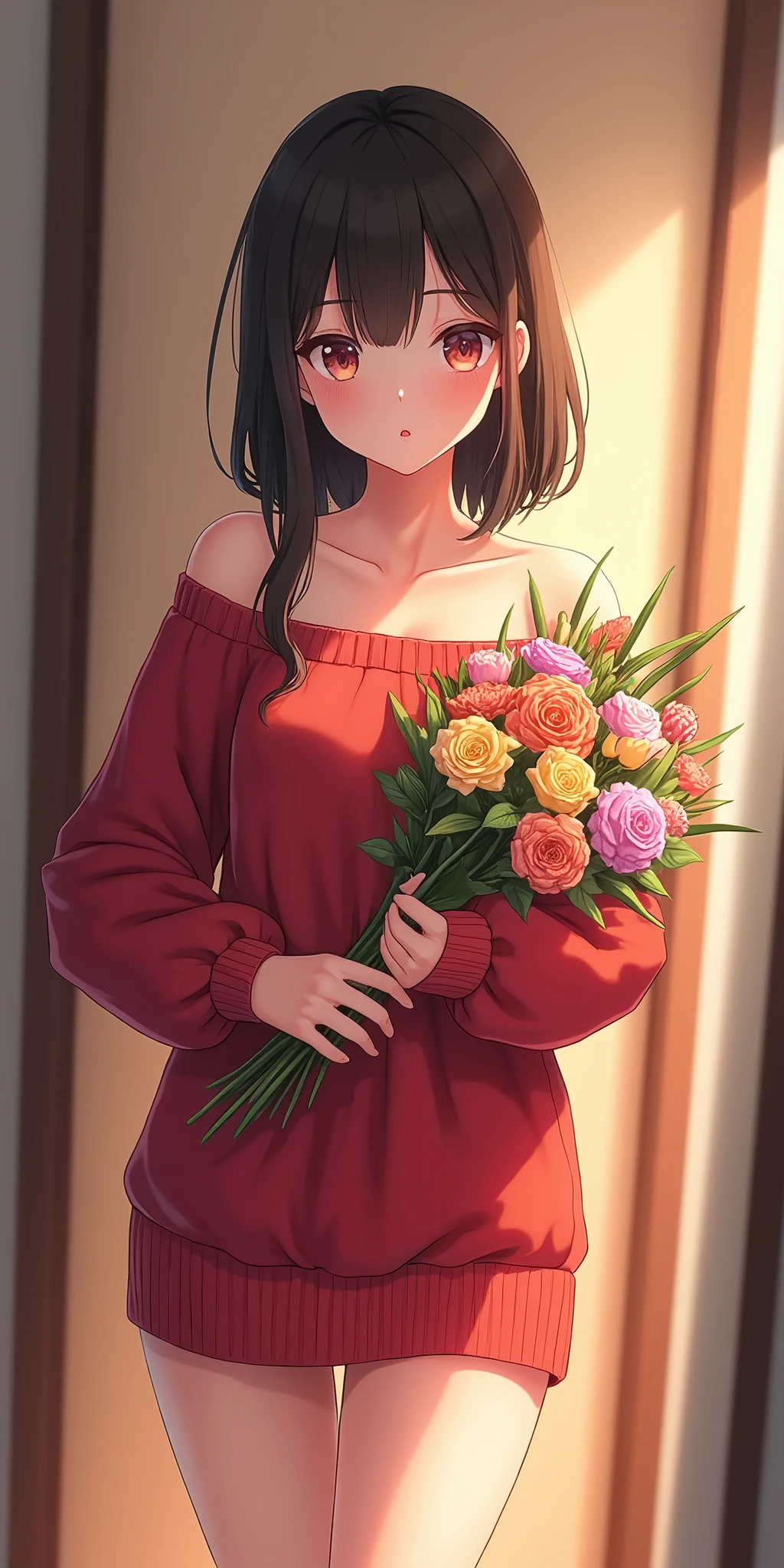 (best quality, ultra-detailed, photorealistic: 1.39), bright and vibrant colors, studio lighting, romantic expression, An effeminate girl, with a delicate and beautiful face. a beautiful girl with big breasts, wearing a red strapless sweater, long sleeve, short sweater dress, she holds a bouquet of beautiful flowers, she is in the hallway of the apartment in a beautiful pose showing her love, she is in love, anime style, Anime Bishoujo