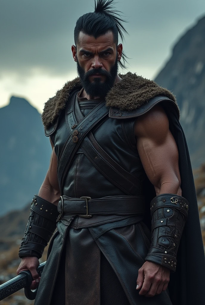 A warrior. He has intense black eyes and black hair cut in a very short mullet style.. He wears Leather Armor that is not covered on his left arm.,In your right hand, He holds a long sword. Your left arm is covered in cut scars.