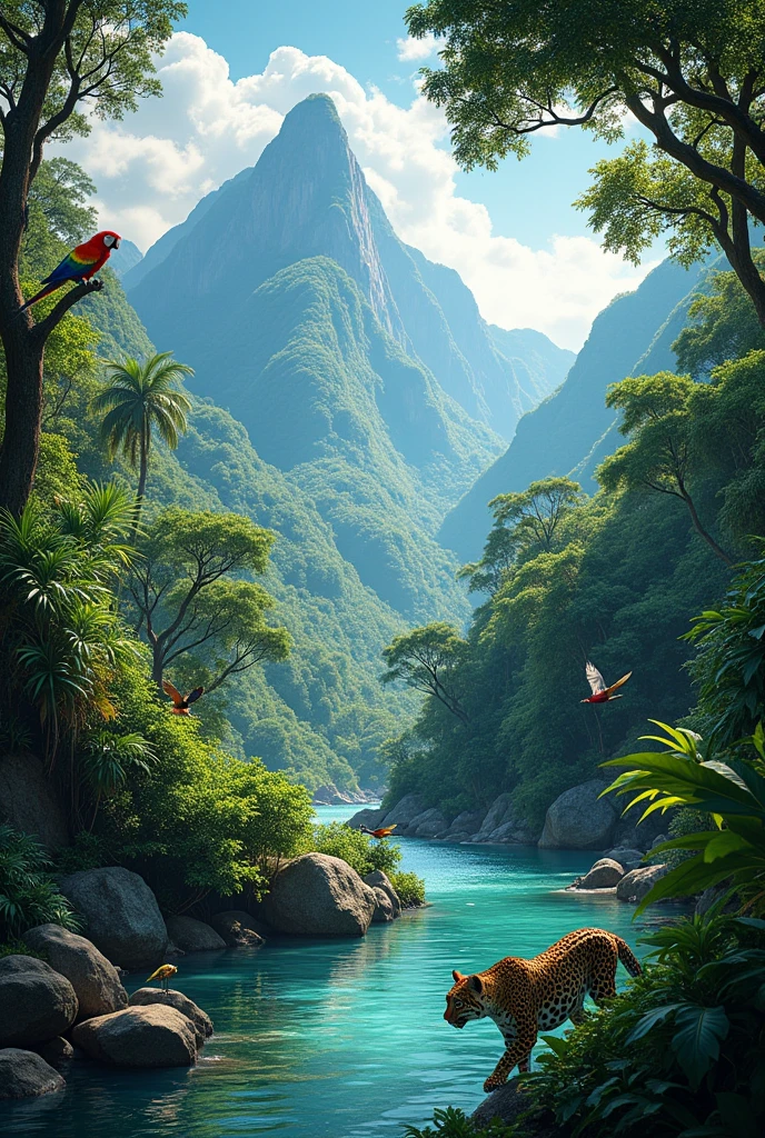 Jungle and mountain and river and animals all mixed