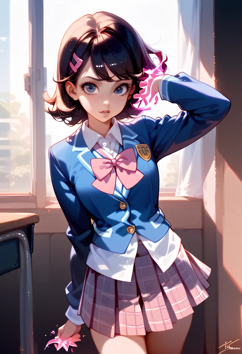 a woman in a pink plaid skirt and white shirt posing, dressed as schoolgirl, hyperrealistic schoolgirl, cute schoolgirl, realistic schoolgirl, betty cooper, school girl, a hyperrealistic schoolgirl, magic school uniform, of a schoolgirl posing, school uniform, magical school student uniform, cyber school girl, teenage female schoolgirl, wearing school uniform