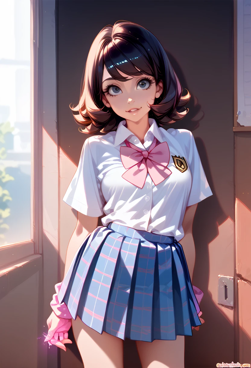 a woman in a pink plaid skirt and white shirt posing, dressed as schoolgirl, hyperrealistic schoolgirl, cute schoolgirl, realistic schoolgirl, betty cooper, school girl, a hyperrealistic schoolgirl, magic school uniform, of a schoolgirl posing, school uniform, magical school student uniform, cyber school girl, teenage female schoolgirl, wearing school uniform