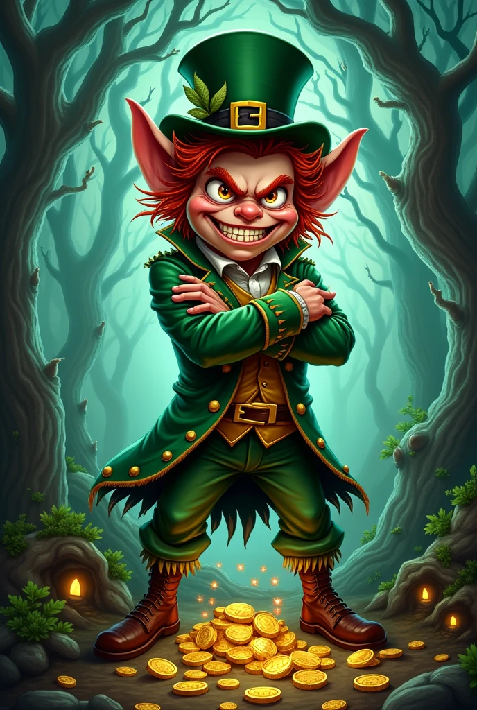 Make an evil leprechaun more like a person and in a more evil cartoon style