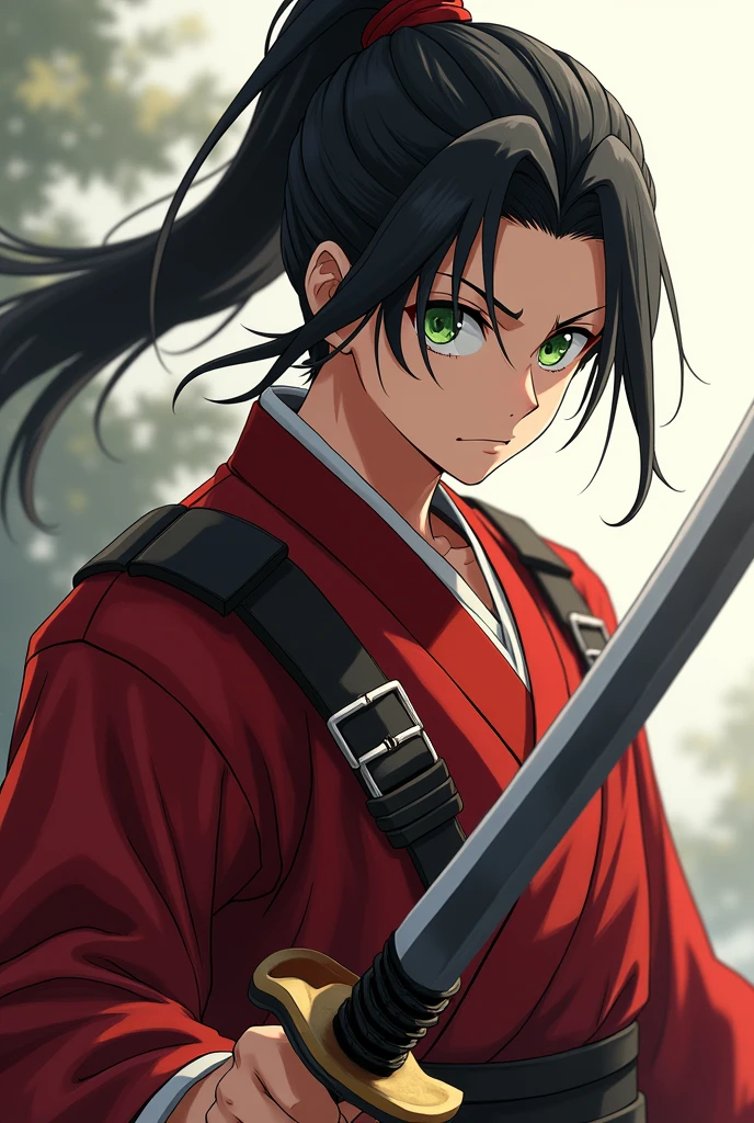 A young samurai wielding a long katana in combat pose looking at viewer, mature male, alone, black hair, ponytail, (red samurai armor), green eyes, anime screencap, full body shot, Nikon, masterpiece, the best quality, high quaility, high detail, vivid colors