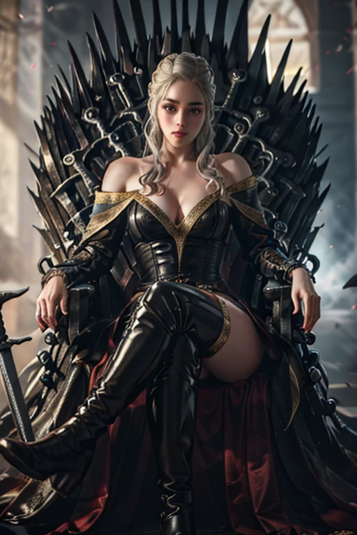 dld_emclarke, sexy Daenerys Targaryen, bigger size and ass in dress, sitting on the iron throne which is made out pf swords, sword throne, throne chair is made out of swords, swords sticking out of the iron chair, crossing her legs, fantasy throne room, sexy outfit, platinum hair, temptress, showing legs, cleavage, photo realistic image of the worlds most beautiful princess, long beautiful legs, crossing her legs, amazingly perfect body, showing lots of tantalizing skin, super model status, wearing flowing soft silk white dress, off shoulder dress, see-through dress, perfect cleavage, exquisite, intricate in detail beautiful dark eyes, adorned with gold jewelries, cinematic shot, encompassing, fierce ,savage , and sultry, award winning image 8k 3d octane render, best possible lighting and professional photography, xuer Iron Throne,