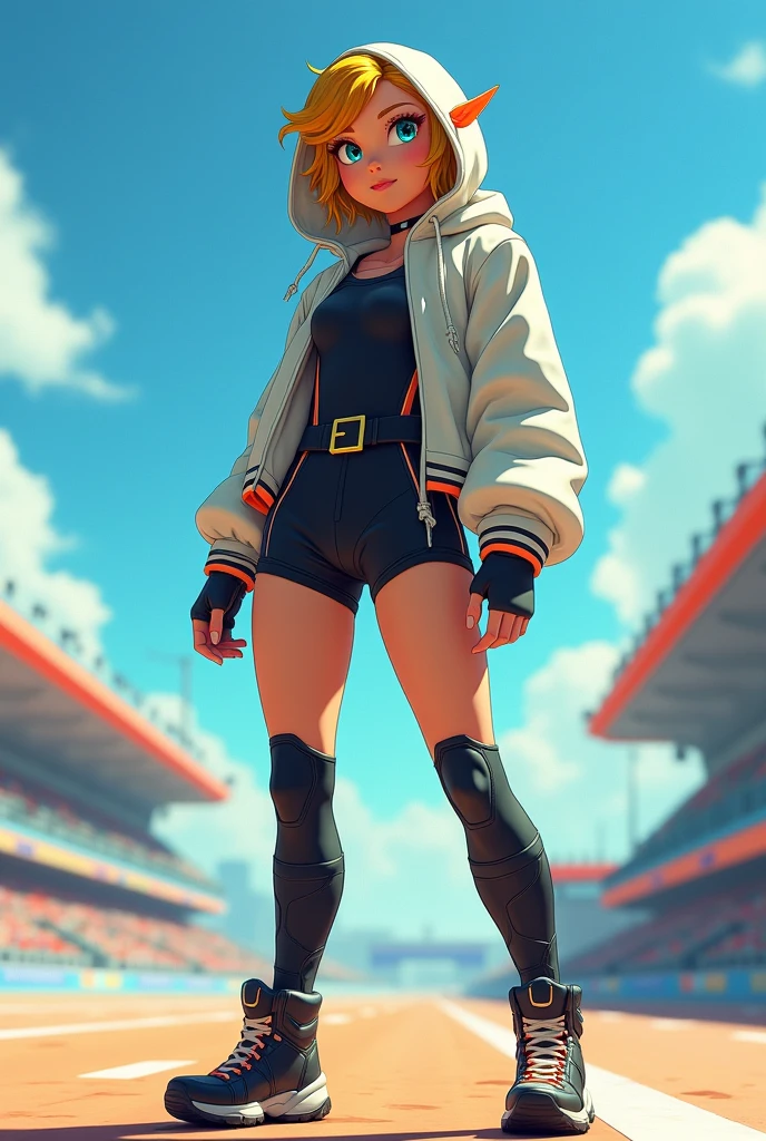 Fullbody princess Zelda in a onepiece short black sport Racing Outfit whit a wihte hoody and overkness shoes
