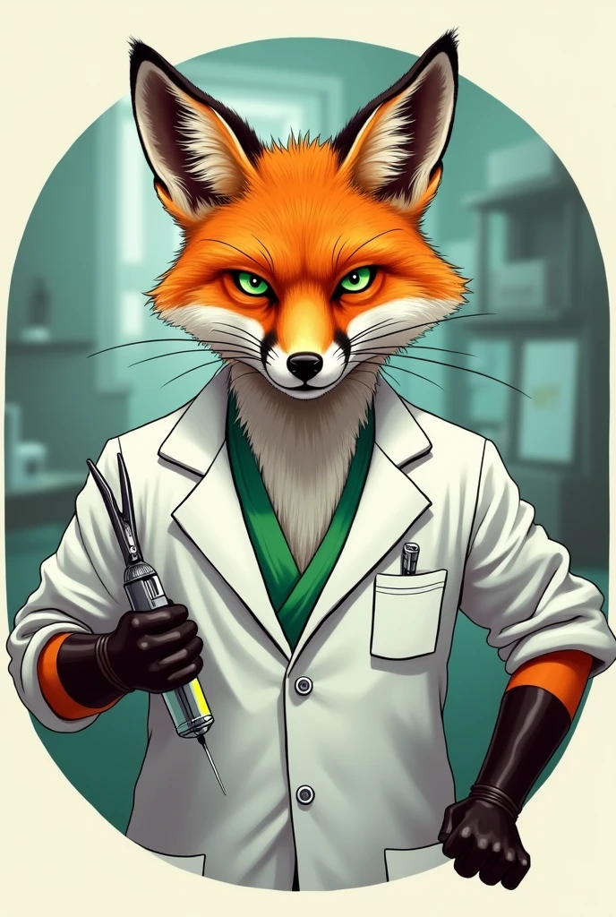 Create an image of a humanized fox wearing a lab coat, showing the upper body, holding a pair of dental pliers in one hand and an anesthetic syringe in the other, inside a circle with a confident and menacing expression.