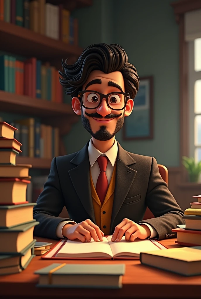 naughty man, inspired by Disney Pixar, Inspirado em um professor Um naughty man de blackquality hair, Close-shaven beard and mustache, Wearing medium square glasses with a medium bridge frame, In an office with books on the desk looking to the future seriously, naughty man, blackquality hair, a suit