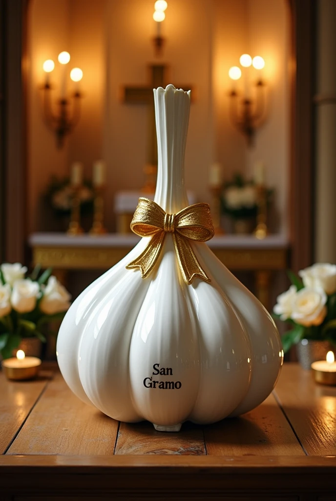 A figure of worship on a Catholic church altar. Similar to a virgin but instead of a virgin. It is a white bag of one gram. similar to a head of garlic on the altar. It has a name on the front in a hard sculpted gold-colored bow.. The name written on the bow in black letters is: San Gramo.