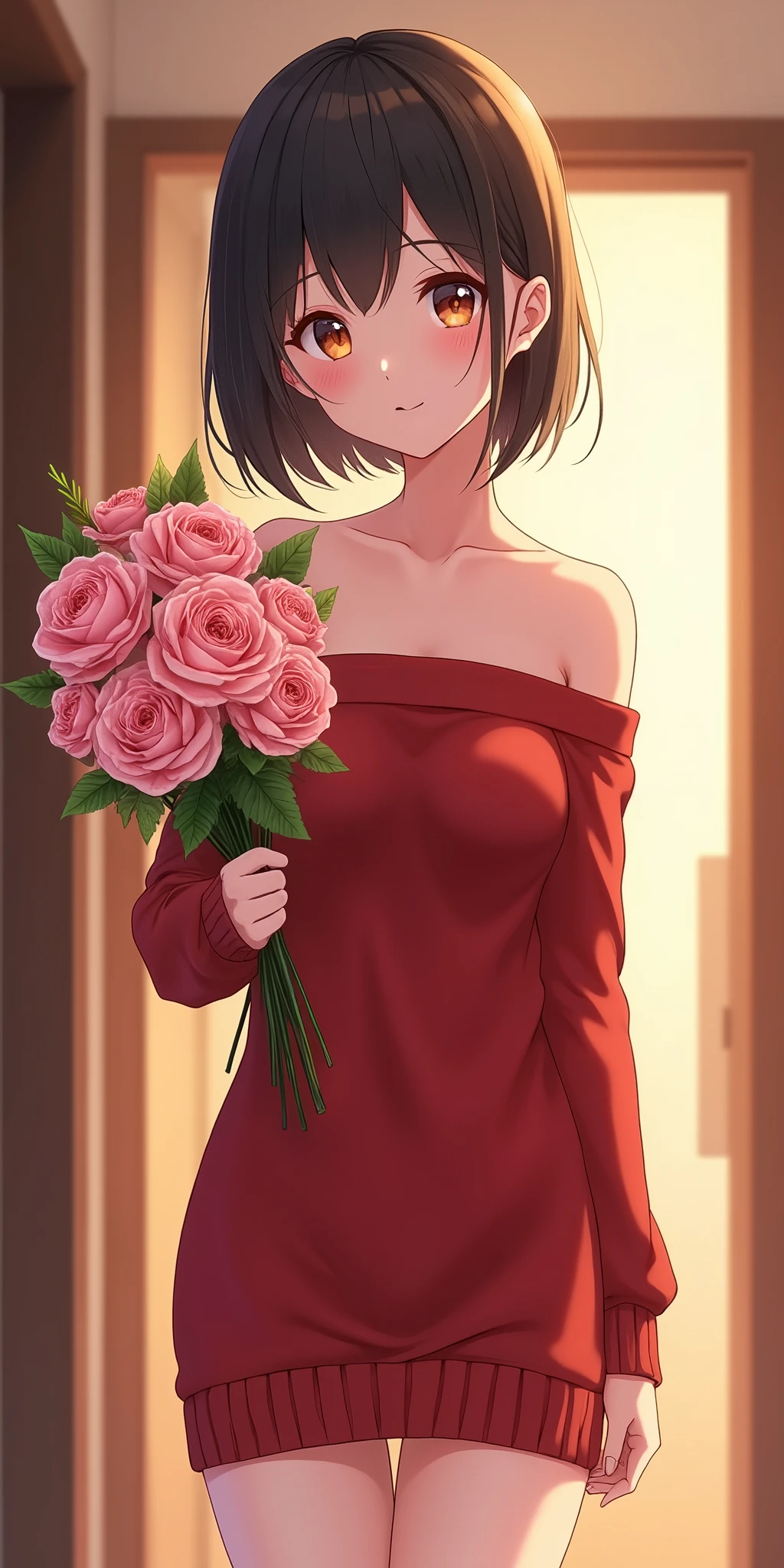 (best quality, ultra-detailed, photorealistic: 1.39), bright and vibrant colors, studio lighting, romantic expression, An effeminate girl, with a delicate and beautiful face. a beautiful girl with big breasts, wearing a red strapless sweater, long sleeve, short sweater dress, she holds a bouquet of beautiful flowers, she is in the hallway of the apartment in a beautiful pose showing her love, she is in love, anime style, Anime Bishoujo