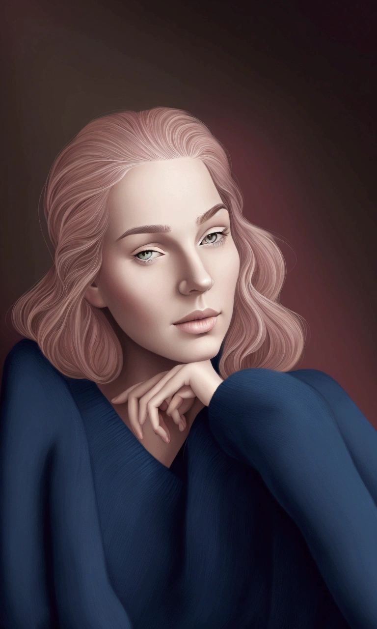 Manuel Rebollo line art sketch behance fashion illustration, blonde 1woman thin hair bob, slim, pink, wolen blue sweater, cafe