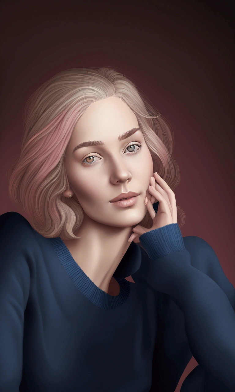 Manuel Rebollo line art sketch behance fashion illustration, blonde 1woman thin hair bob, slim, pink, wolen blue sweater, cafe