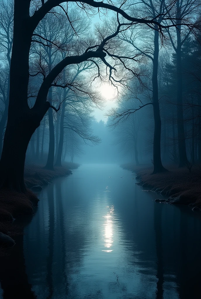 Mira River, Nova Scotia
Image Description: A serene river with misty water, filled with tall trees and mysterious shadows on the water's surface. The dim moonlight adds a spooky feel to this scene.
