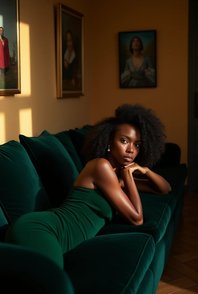 Completely naked black model on the sofa