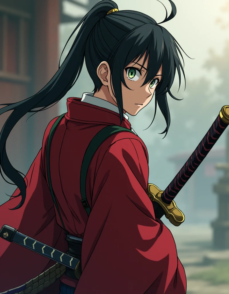 A young samurai wielding a long katana looking at viewer, mature male, alone, black hair, ponytail, (red samurai armor), green eyes, anime screencap, full body shot, Nikon, masterpiece, the best quality, high quaility, high detail, vivid colors