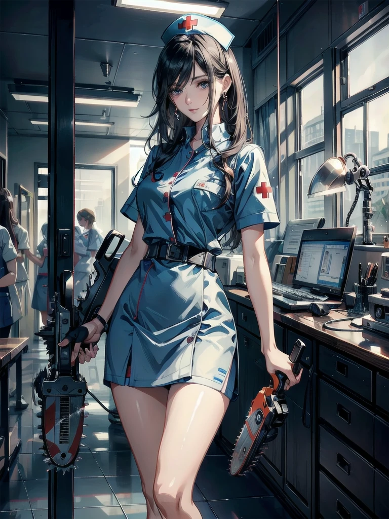 absurdres, RAW photo, extremely delicate and beautiful, masterpiece, Best Quality, ultra high resolution, 32k, hyper realistic, ultra-detailed, Very detailed CG 8k wallpaper, detailed background, landscape, Beautiful Lighting, Perfect Lightning, Realistic Shadows, perfect anatomy, anatomically correct, ideal ratio body proportions, perfect figure, Perfect Style, Perfect balance, super Detailed skin, in her 30s, very Slim body, narrow waist, very small head, very small face, delicate facial features, handsome detailed woman, very detailed eyes and face, realistic face proportions, Realistic beautiful face, Realistic beautiful eyes, tearful mole, earring, whole body shot, whole legs, very huge round tits, medium hair, asymmetrical hair, wavy hair, indoor, hospital, ((nurse uniform)), (holding electric chainsaw)