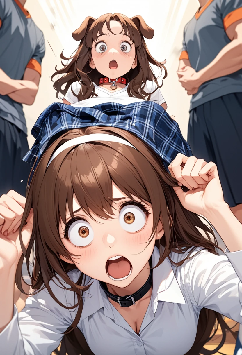 detailed illustration, dynamic angle, ultra-detailed, illustration, 1girl, 18 year old, school girl, white blouse, blue plaid skirt, cleavage, wavy brown hair, long hair, bright brown eyes, cleavage, medium breasts, wide eyes, shock, surprised, shocked eyes, gasping, confused, dog collar, on hands and knees, kneeling, doggy style, fake dog ears, gymnasium