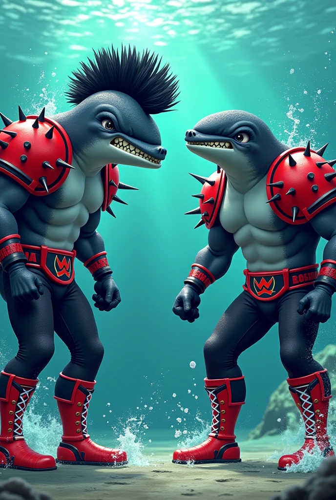 Two cartoon whales dressed like wrestling tag-team the legion of doom , wearing face paint, black pants, red boots, red shoulder pads with black spikes. One has a black Mohawk and the other has a flat top
