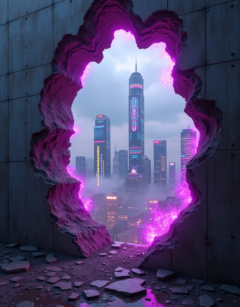 (photorealism:1.2), A hole in the wall, the edges of hole burning with purple neon fire, and through the burning hole a city with tall cyberpunk skyscrapers can be seen,the same image as generated before only change the ratio
