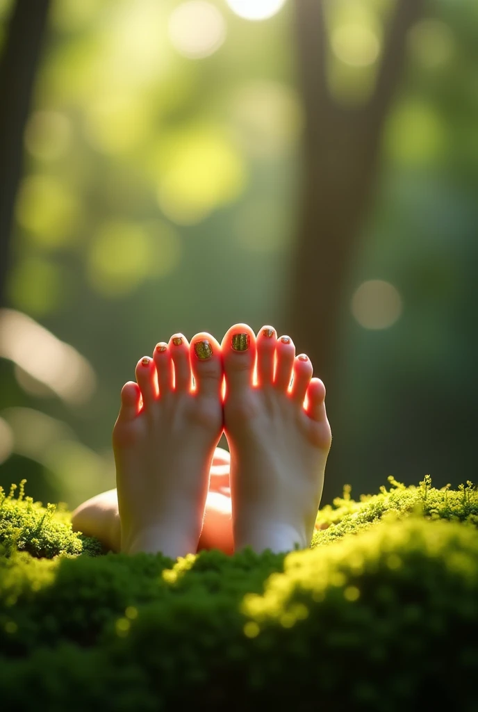 A woman's feet with beautifully manicured French nails, slender toes, soft smooth skin, sensual and alluring, in a natural setting with lush greenery, sunlight, and a relaxed, intimate atmosphere, masterfully captured with a focus on the details and textures, cinematic lighting and composition, photorealistic rendering, elegant and sophisticated