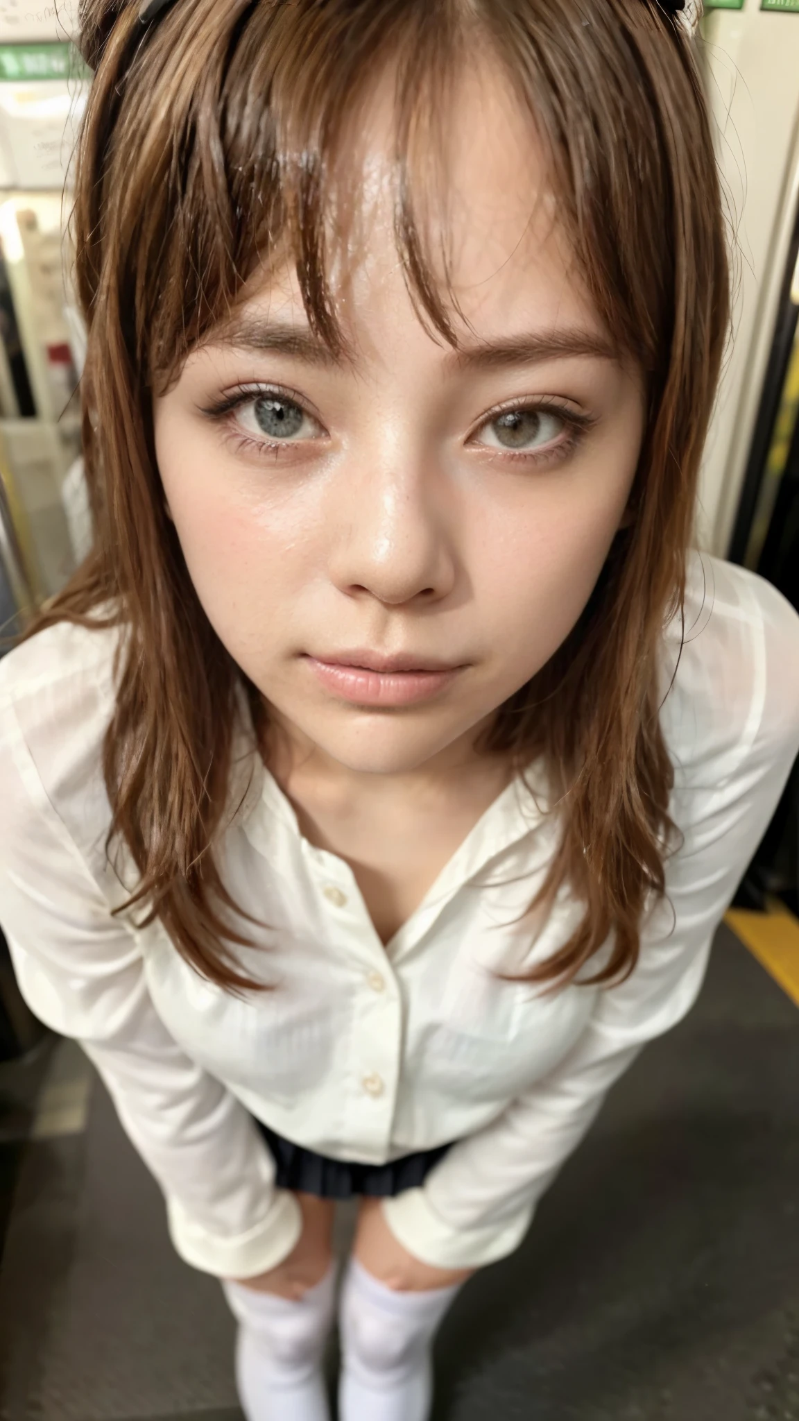 (A woman standing on the Yamanote Line:1.5)、(Realistic、Like a photograph、Live Action、8k, Realistic, RAW Photos, Best image quality: 1.4), Single-lens reflex camera、RAW Photos, Highest quality, Realistic, Highly detailed CG Unity 8k wallpaper, Written boundary depth, Cinematic Light, Lens flare, Ray Tracing, Realistic background、((Ultra-Dense Skin))、 23-year-old woman、Cute Japan OL、(whole body:1.5)、(White blouse、Black pleated skirt:1.5、Over the knee socks:1.44)、Wear glasses、Large Breasts)、Very detailedな顔，(avert your eyes:1.5)、(Long Hair:1.2、I like that style、stylish、Very detailed、Pay attention to the details、Perfect outfit、(Sunburned skin)、Front view、Accurate hands、Accurate legs、Detailed hands and fingers、Anatomically correct body、Thin legs、Thin thighs、Large Breasts、Very detailedな顔、View from the front