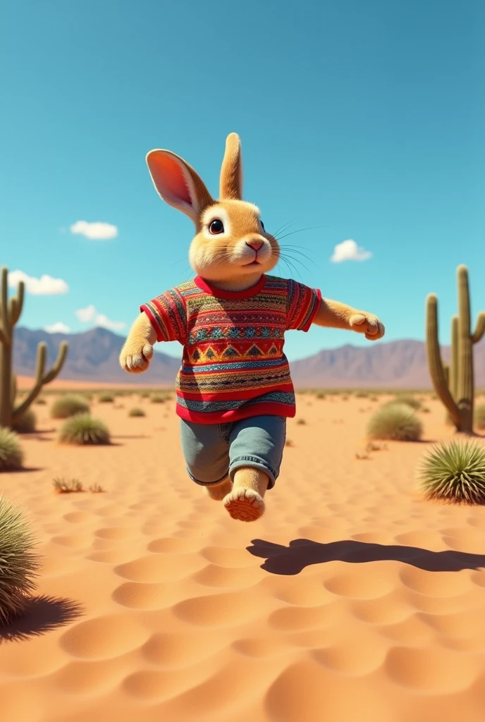 Rabbit with Peru T-shirt walking through desert