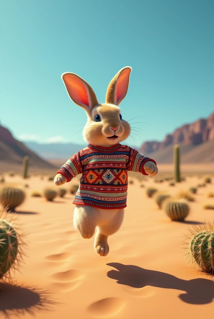 Rabbit with Peru T-shirt walking through desert 