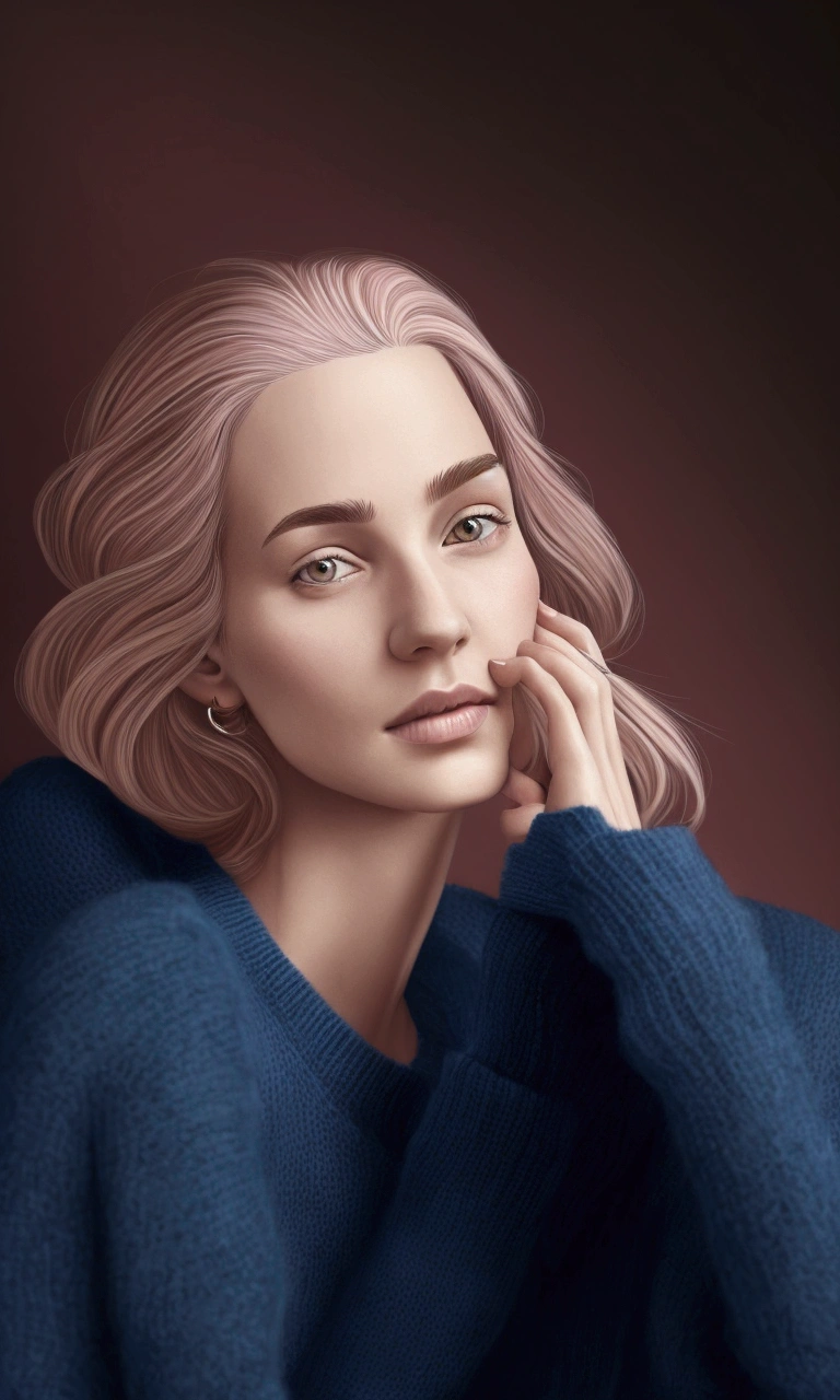 Manuel Rebollo line art sketch behance fashion illustration, blonde 1woman thin hair bob, slim, pink, wolen blue sweater, cafe
