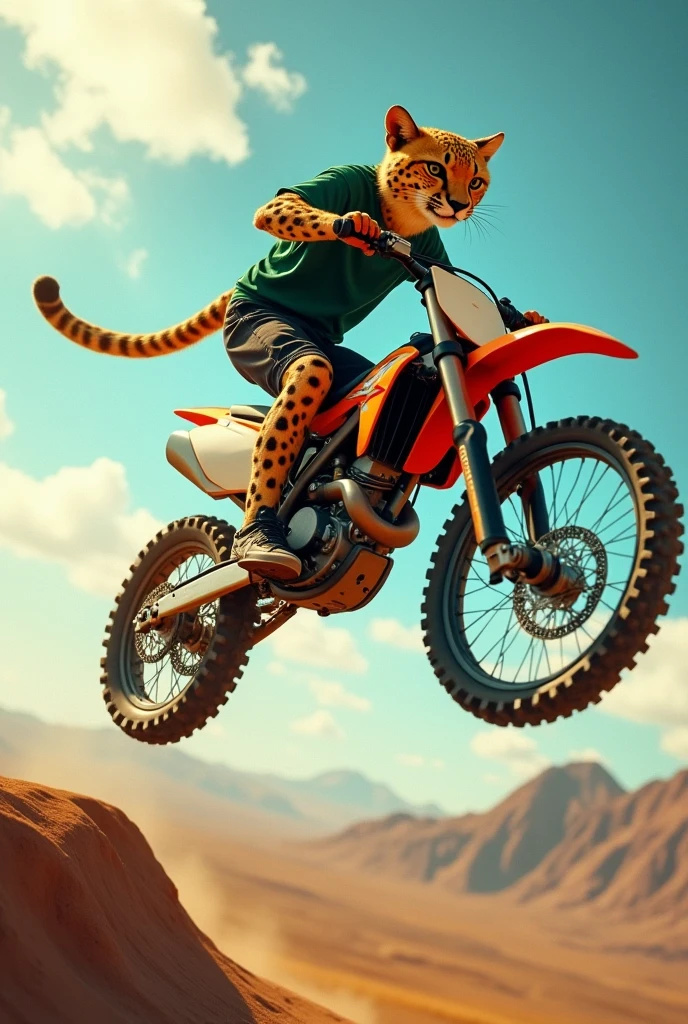 Humanoid cheetah, wearing black shorts and a dark green shirt, riding a motocross bike, going through a giant ramp.