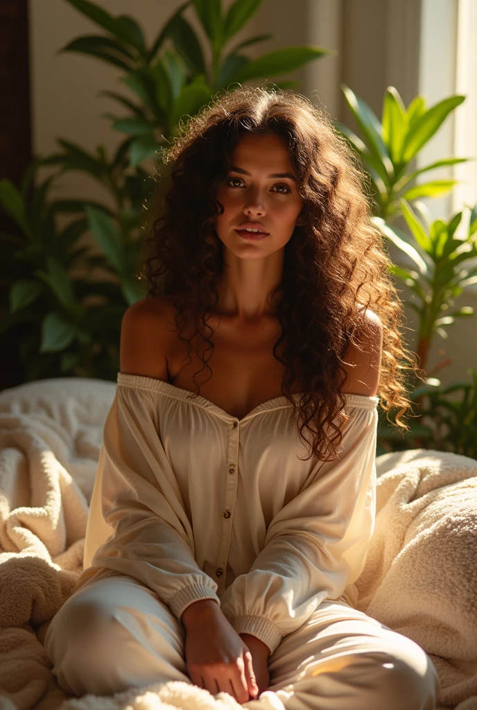 (photorealism:1.2), beautiful woman, sitting on bed, wearing loose off-shoulder top, pajama pants, long curly hair, indoors, soft lighting, plants in background, window with sunlight, cozy room, relaxed pose, realistic, intricate details, warm colors, by Greg Rutkowski, by Alphonse Mucha