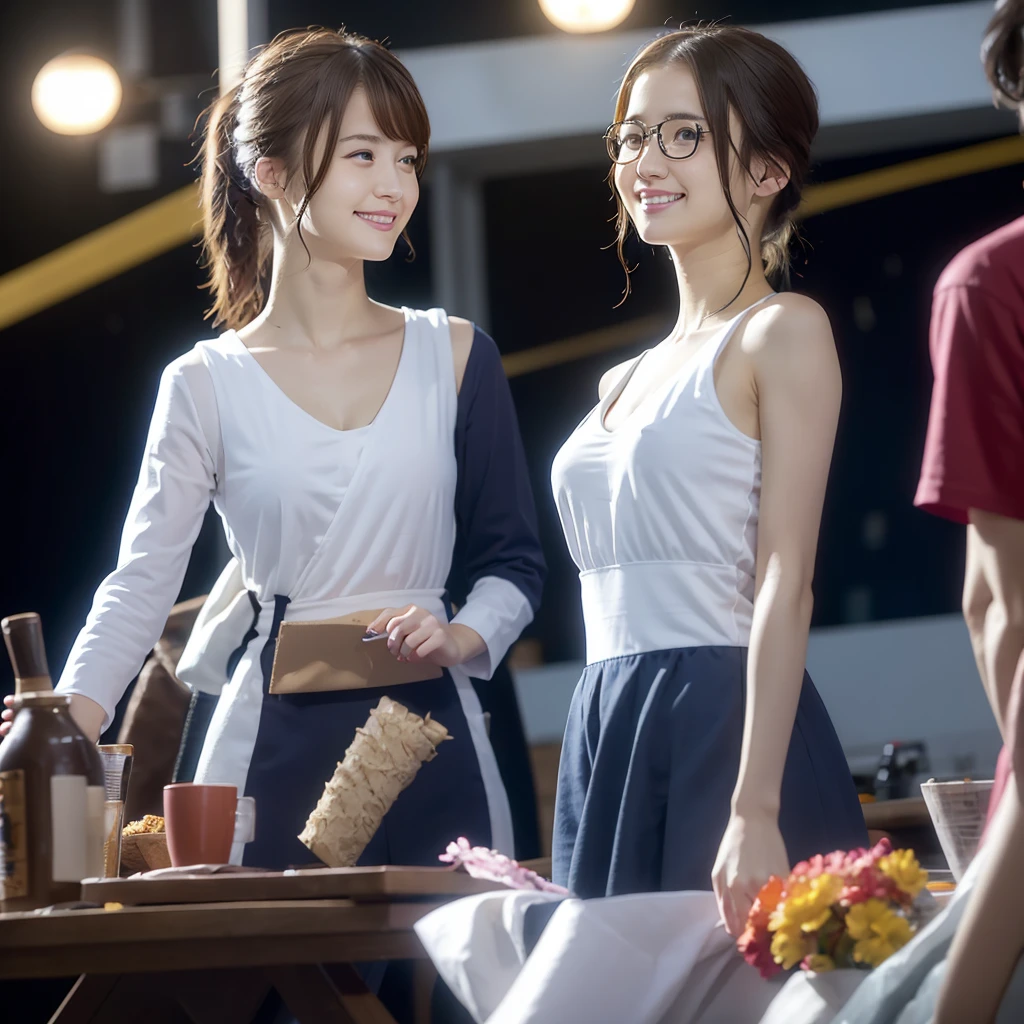 White dress,Cute one piece dress,__Cinematic Light__, 18-year-old female, masterpiece, Perfect Face, Golden Hair，smile, Blue colored eyes，very cute, (Perfect Eyes:1.1),Beautiful woman,One female, Realistic, wearing intelligent-looking glasses、Realistic characters, Neon street at night in the background, lots of streetlights in the background、Hyper Photorealism, very high contrast photo, Cinematic lighting, Dramatic lighting, Perfectly detailed face, 18 year old girl,Carl Zeiss 85mmF/1.4,Bokeh ball, sexy, whole bodyショットウルトラディテール、 超A high resolution、E-cup bust,intricate embroidery、Lots of embroidery、(masterpiece, Highest quality:1.4), whole body, (Are standing:1.2), Watching the audience, smile, 1, (Medium bob hair),Carl Zeiss 85mmF/1.4、Bokeh ball, Beautiful breasts , (European youth:1), Showing panties、The panty is a bright pink color with embroidery.、 Lift up the skirt of a dress、Showing panties、I can see your chest、A white bra is visible on the chest、cute chest bra