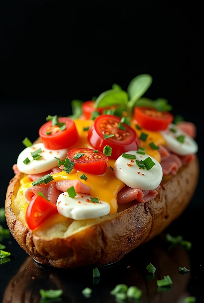 Create a realistic image of a stuffed potato on a black background. The potato should be cut in half and stuffed with melted mozzarella cheese, ham, and for pairing cream cheese and cheddar, chopped tomatoes and oregano. The image should highlight the complete and appetizing meal, with a focus on the juiciness of the potato and. Use soft lighting to highlight the textures and shine of the ingredients without causing unwanted reflections.
Focus: Make sure the potato and the main ingredients are in focus and with sharp details.
Presentation: Make sure the potato looks fresh and juicy, with a presentation that catches the eye and arouses the desire to eat.