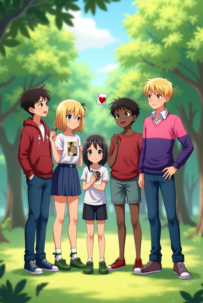 Create an image where there are 5 people who look like they are 19 years old. a blonde girl, with blue eyes and a black ribbon tied on his wrist, a brown boy, with green shoes, with a small blue shadow over his head, a black-haired girl with a queen of hearts card in her hand, a black-haired boy with a sweater of pink and purple stripes and a blond boy looking at a white pocket watch