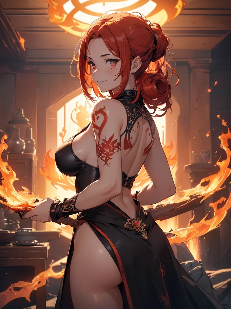 (((best quality, sharp image, clear image, cinematic lighting, 8k resolution, masterpiece, ultra detailed, intricate))) Girl, (((looking over left shoulder))), (shot from behind), fire mage, ((intricate background)), ((chaotic background)), red hair, smiling, ((flame runes, flame sigils)), (tatoo on back), slime figure, flying sigils