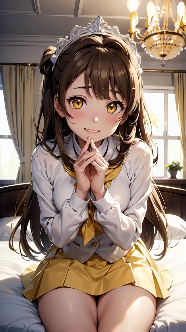 kotori minami, long hair,(((white brown hair:1.5))), (yellow eyes:1.3), hair bow, one side up, skirt, school uniform, jacket, blazer, winter uniform, otonokizaka school uniform, ---(8K, raw, highest quality, real 1.2), ultra high quality, high resolution, highest quality, perfect face, perfect limbs, perfect fingers, high resolution, (beautiful anime face, cute face, detailed face), smile of joy, smiling expression, sitting on bed, cowboy shot, miniature human hand, (((medium bust 1.3))), (((thin thighs 1.3))), ((white walls bedroom 1.5)), ((white framed bed 1.5)), ((white ceiling bedroom 1.5)), ((divine light 1.5)), pure white chalk interior, pure white marble interior, ((Pure white bedroom like a Western castle: 1.5)), ((Luxurious pure white canopy bed: 1.4)), ((Chandelier: 1.4))), ((Pure white bed 1.5)), ((Beautifully decorated bedroom 1.5)), perfect anatomy, perfect proportions, nice lighting, bright colors, clean lines, information, blurred, stunning facial expression, restless emotions, gorgeous and cute, beautiful face and eyes in every detail, (masterpiece) beautiful face, young and handsome girl, really perfect skin, blurred, stunning facial expression, restless emotions, gorgeous and cute, beautiful face and eyes in every detail, (Audrey Hepburn), (cute), (J-POP idol), (thighs, (depth of field), (depth of field), soft light, glittering lens gaze, (droopy eyes), straight teeth, shy smile, flowing hair, a scene from Blake's movie,,