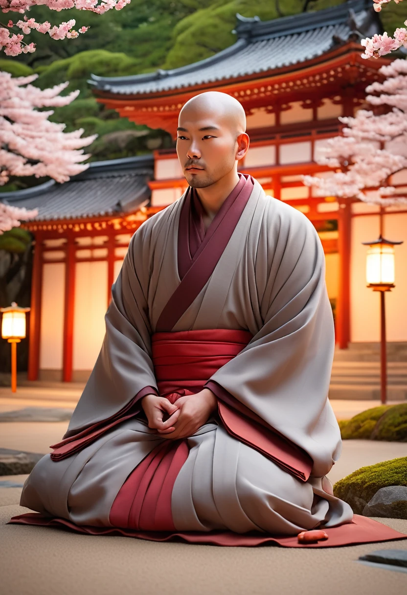 Illustrate a serene and peaceful Buddhist monk in traditional robes, standing or sitting calmly in front of a beautiful Japanese temple. The setting should be tranquil, with soft, warm lighting and cherry blossoms gently falling around the monk. The background should include the temple and perhaps a serene garden, evoking a sense of peace and spirituality.